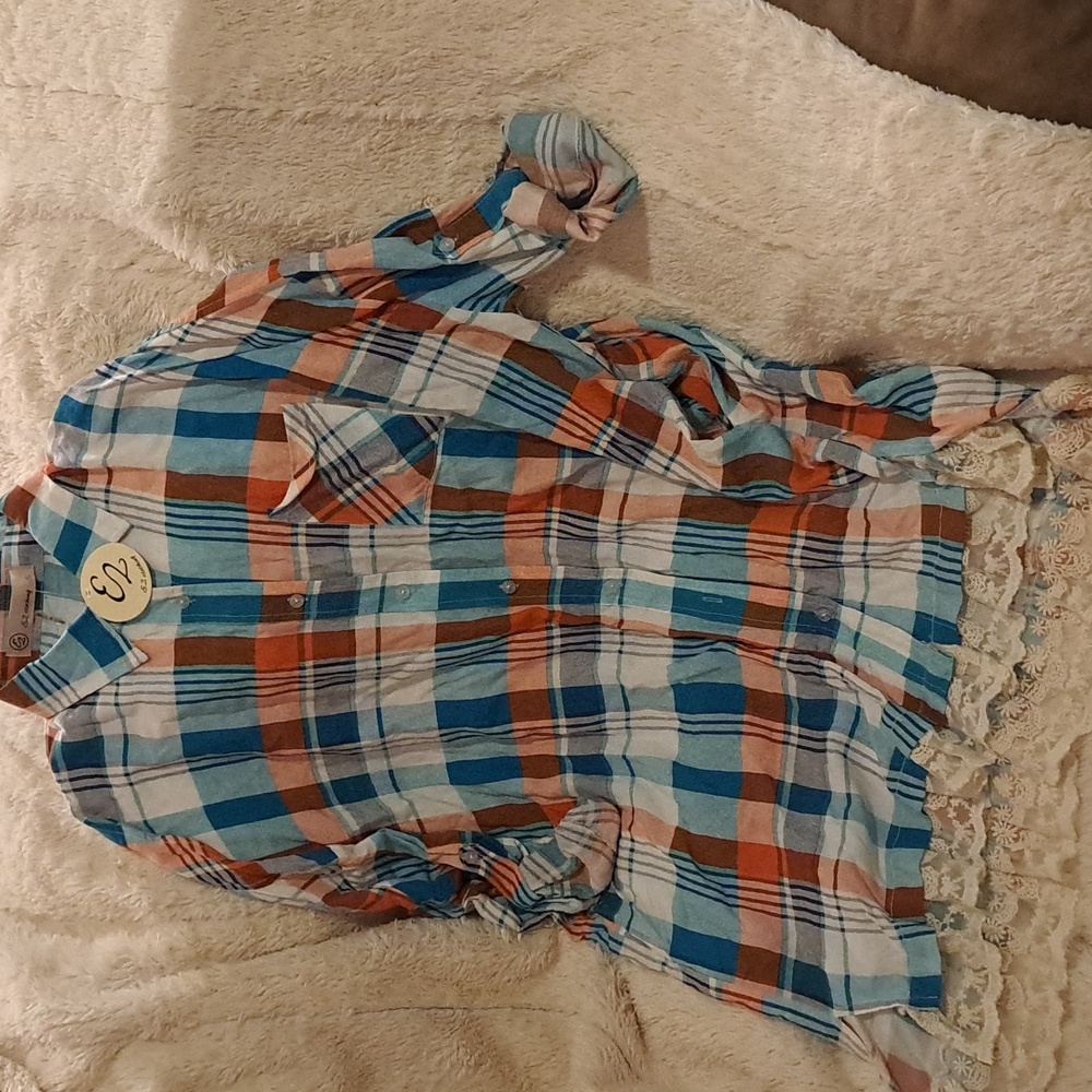 NEW E2 clothing  size S  plaid turquoise,orange,white